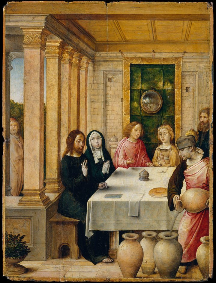 Pintura renascentista das Bodas de Caná: Cristo, Maria e convidados à mesa coberta por toalha branca; um criado serve de um jarro, e talhas de barro ocupam o primeiro plano.